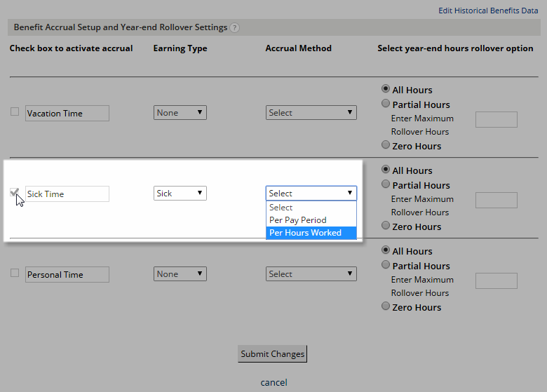 How do I set up sick time to accrue per hours worked?
